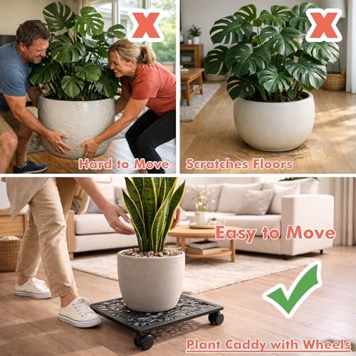 Plant Caddy with Wheels, 3 Pack 12” Rolling Plant Stand Plant Rollers Heavy Duty Plant Dolly with Casters Indoor & Outdoor Wrought Iron Metal Plant Tray with Lockable Wheels for Large Flower Pots - Image 7