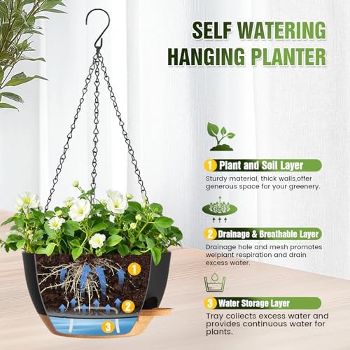 13 Inch Large Self Watering Hanging Planters 2 Pack with Saucers - Image 6