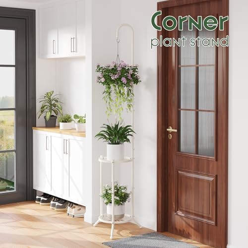 2-Tier Plant Stand With Hanging Hook, Metal Standing Plant Hanger, White - Image 5
