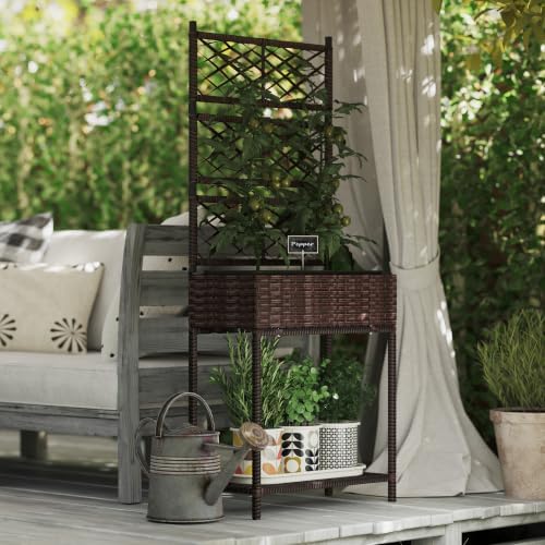 Outsunny Raised Garden Bed with Trellis, Wicker Storage Planter, Brown - Image 2