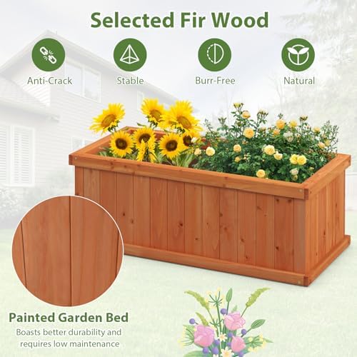 GIANTEX Raised Garden Bed Set of 2, 31”x14”x12” Wooden Elevated Planter Box with 4 Drainage Holes & Detachable Bottom Panels, Flower Bed, Rectangular Plant Container for Vegetables, Herbs & Fruits - Image 4
