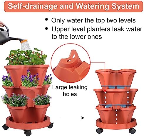 GameXcel Vertical Planter Tower - 3 Tier Stackable Garden Planters with Wheels and Tools Plant Pots for Strawberry Herb Flower and Vegetable Indoor Outdoor Use Red 2 Pack - Image 4