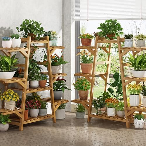 8-Tier Bamboo Plant Stand, Stylish Black Multi-Plant Holder - Indoor/Outdoor Flower Shelf Ladder Organizer for Living Room, Balcony, Garden Display - Image 4