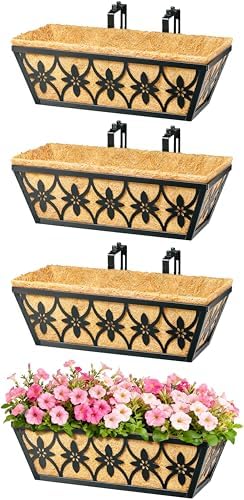 16 Inch Window Boxes Planters Railing Planter Box - 2 Pack Deck Railing Planter Boxes with Adjustable Brackets Coco Liners Balcony Planters Railing Hanging for Window Flower Boxes Outdoor Garden Decor - Image 6