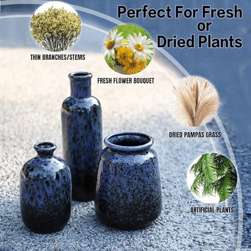 Ceramic Vase Set of 3, Small Rustic Flower Vases for Home Decor, Navy Blue - Image 2