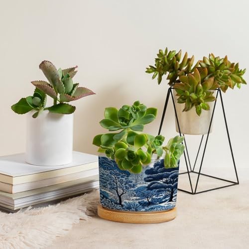 Blue and White Indigo Chinoiserie Ceramic Planters Navy Chinoiserie Pine Tree Snake Plant Live Indoor with Pot with Drainage Holes and Saucers Pot for Home Office Desk Garden - Image 4