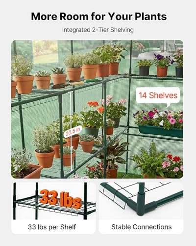 VEVOR Walk-in Greenhouse, 54" x 81.1" x 77.2" Greenhouse for Outdoors with Windows, PE Cover, 2 Tiers 14 Shelves, Roll-Up Zipper Door, Walk in Green House, Portable Plant Garden Hot House for Backyard - Image 4