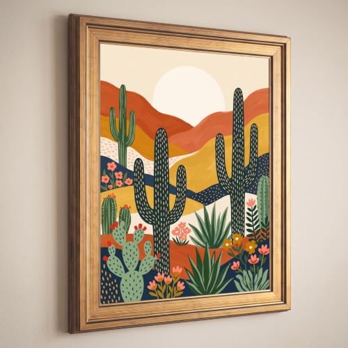 Framed Canvas Wall Art Bohemian Gouache Desert Landscape Terracotta Cacti Canvas Print Poster Gold Frame Wall Decor for Living Room Southwestern Art, Boho Home Decor - Inch 24x36 - Image 5