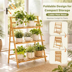 COSTWAY Bamboo Plant Stand, Foldable Multifunctional Flower Display Ladder Shelf, 3-Tier Storage Rack - Image 6
