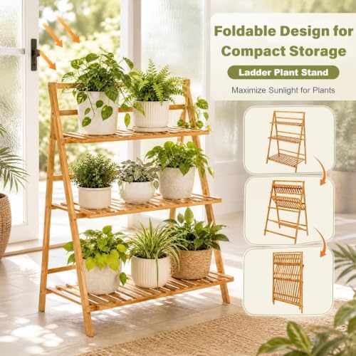 COSTWAY Bamboo Plant Stand, Foldable Multifunctional Flower Display Ladder Shelf, 3-Tier Storage Rack - Image 6