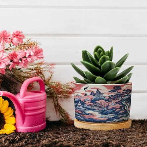 Pink Blue Chinoiserie Ceramic Planter Coral Chinoiserie Chic Asian Planters for Indoor Plants with Drainage Holes and Saucers Pot for Home Office Decoration - Image 5