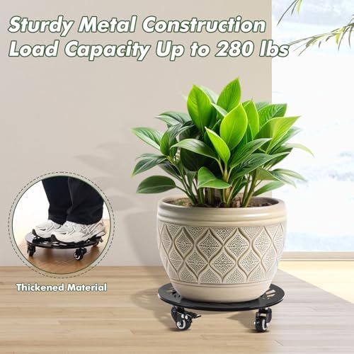 Planterhoma 2 Packs 14 Inch Rolling Plant Stand with Wheels Metal Plant Caddy with Wheels Heavy Duty Plant Rollers with Metal Wheels Round Wrought Iron Plant Stand with Clear Saucers, Glossy Black - Image 6