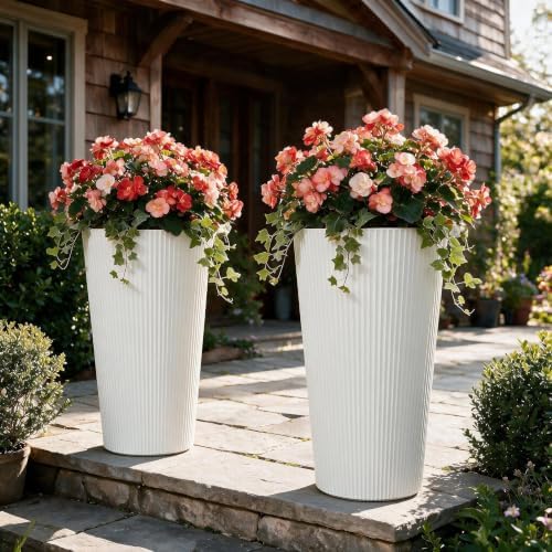 24" Tall Planters for Outdoor Plants Set of 2 - Round White - Image 7