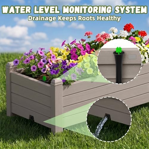 Vixzen Raised Garden Bed Resin Planter Box with Wood Grain Finish, Lockable Wheels, Support Poles & Bottom Storage Shelf, Built-in Drainage for Outdoor Vegetables Flowers (Light Brown) - Image 2