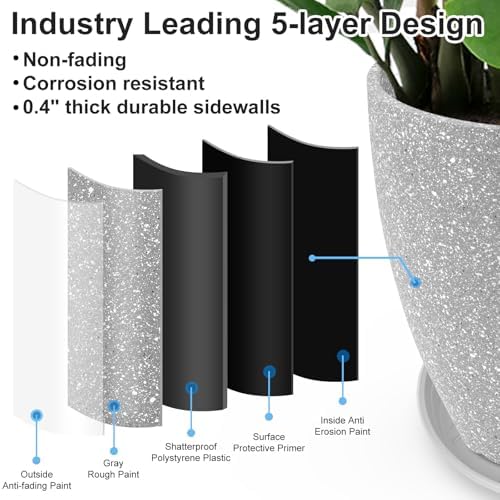 GameXcel Flower Pot Indoor - Outdoor Plant Pot - Gray Rough Planter - Elegant Stone Imitation - 12" Diameter 12" Tall with Drainage Holes and Saucer - Image 4
