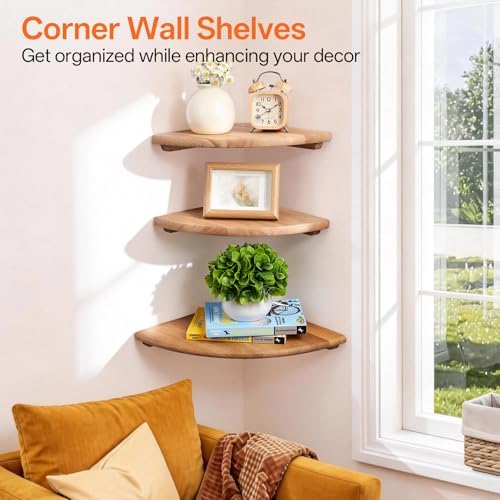 Floating Corner Shelves for Wall Set 2 10inch Solid Oak Rounded Corner Shelves Wall Mounted with Cable Hole Wood Corner Hanging Shelves for Living Room Bedroom Bathroom Kitchen - Image 2