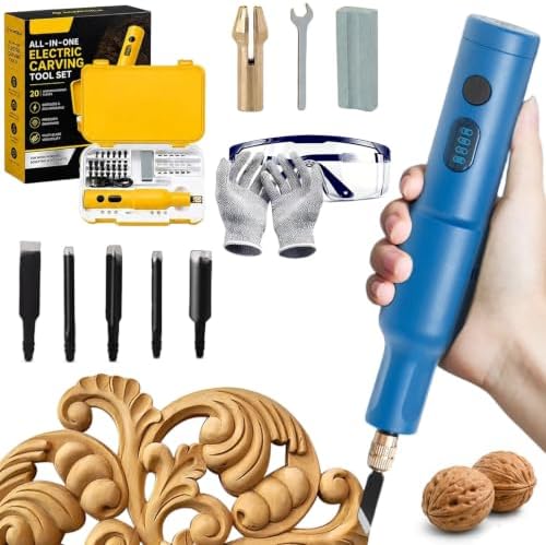 All-in-One Electric Carving Tool Set, 2026 Upgraded Cordless electric wood carving tools with 5/10/20 Interchangeable Chisel Blades, Handheld Electric Chisel for Woodworking，Blue-5 Blades by Unknown