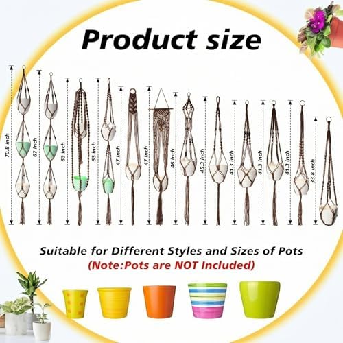 SATINIOR 12 Pcs Macrame Plant Hangers Handmade Boho Hanging Planters 12 Different Tiered Designs with 12 Hooks for Flower Pots Indoor Outdoor Decorative Wall Hanging Baskets for Home(Classic,Brown) - Image 2