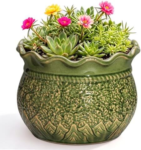8 Inch Flower Pot, Ceramic Pots for Indoor Plants, Crack Green by Fivepot