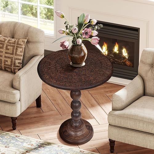 Side Tables Round – Small Drink Table for Small Spaces, Modern Accent Nightstand with Hand-Carved Top & Solid Wood Tables for Living Room, Bedroom, Office – Scorch Burnt Finish_18x22 Scorch Burnt - Image 2