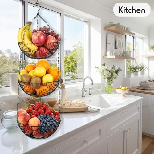 3-tier Hanging Fruit Basket, 44" Metal, Black, 9.8 x 3.9 Inch - Image 6