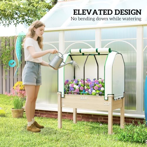 Outsunny Raised Garden Bed with PE Greenhouse Cover 35x22x47 inch Natural - Image 5