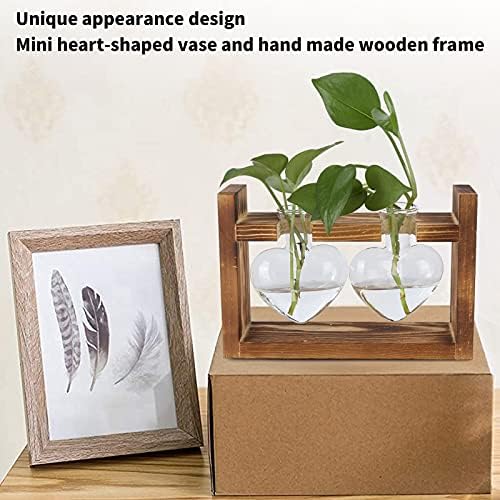 Plant Terrarium with Wooden Stand,Heart Shaped Transparent Glass Vase Flower Pot Hydroponics Plant Propagation Station for Hydroponics Plants Home Office Decor (Retro Box + 2 - Image 4