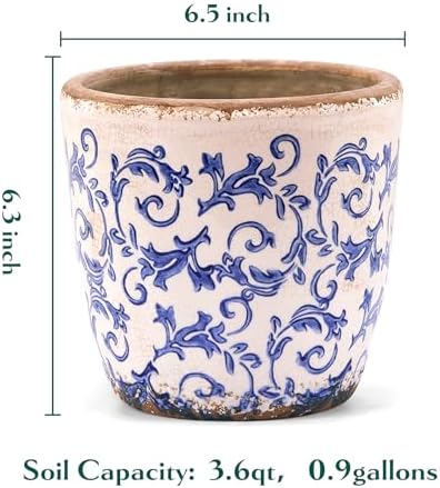 Vintage Ceramic Planter with Drainage Hole, Plastic Tray & Mesh, 6.5 Inch - Indoor/Outdoor Flower Pot, Blue Floral Rustic Farmhouse Design Plant pot for Home, Office & Garden Décor, Ideal Gift - Image 5