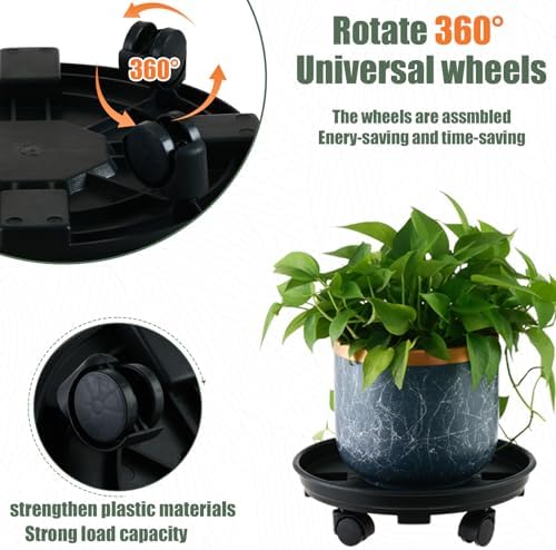 6 Packs 13 Inches Large Plant Caddy with Wheels Plant Saucers on Wheels Rolling Plant Stands Heavy-duty Plant Dolly Plastic Planter Roller Base Pot Movers Outdoor Plant Tray Coaster, Black - Image 5