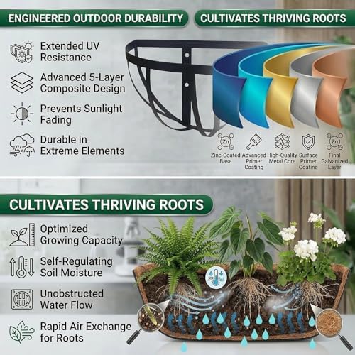 36'' Window Box Railing Planter with Coco Liner,2 Pack Horse Trough Planters Black Metal Hanging Flower Planters Basket for Porch Fence Patio Indoor Outdoor Lawn - Image 7