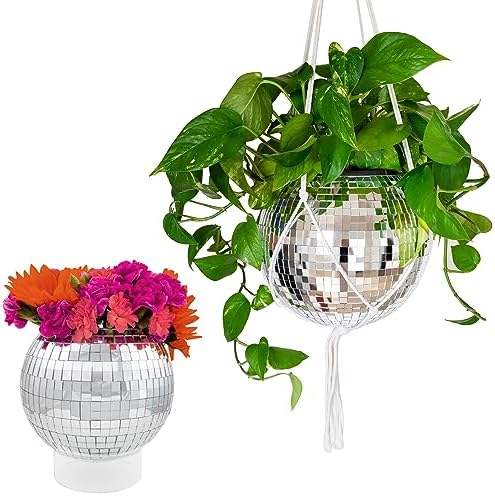 Hanging Disco Ball Planter 8" - with Acrylic Stand and Macrame Plant Hanger - Home Décor, Room Décor, Mirror Disco Planter, Disco Decor (10" with Base) by HavenstoneHome