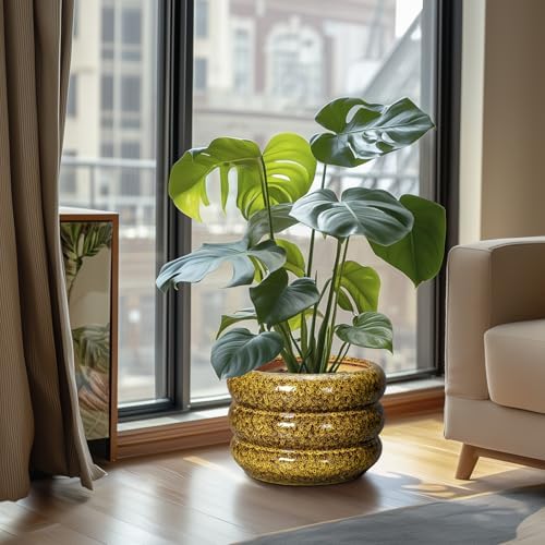 SQOWL Ceramic Flower Pots - 10 Inch Plant Pot Indoor with Drainage Hole, Round Bubble Planter for Outdoor Plants, Decorative Ceramic Plant Pot, Porch Home House Decor, House Warming Gifts, Yellow - Image 2