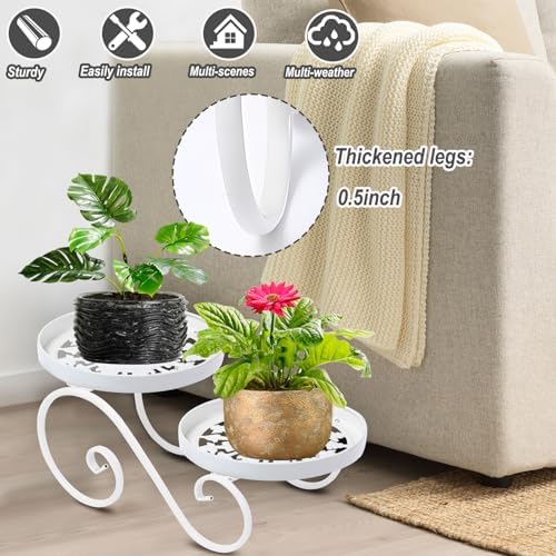 2 Tier White Plant Stand, Metal Flower Stand Indoor Outdoor, Anti-Rust Iron Plant Shelf, Round Flower Pot Stands for Multiple Plants, Display Rack Potted Plant Holders for Garden Home Decor - Image 2