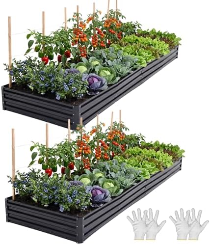 YITAHOME 2pcs 12x4x1ft Galvanized Raised Garden Bed, Metal Planter Box with Safety Rubber, Gloves, Outdoor Flower Bed for Planting Plants Vegetables, Black by YITAHOME