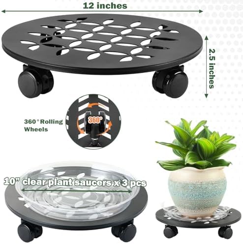 3 Packs 12" Large Metal Plant Caddy with Wheels Heavy-duty Plant Dolly Pot Mover Rollers Rolling Plant Stands Indoor Outdoor Wheeled Plant Holder Coaster Trolley, Black - Image 3