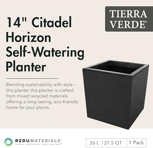 Tierra Verde Self-Watering Planter, Citadel Horizon, 13.5"x14", Black - Image 2