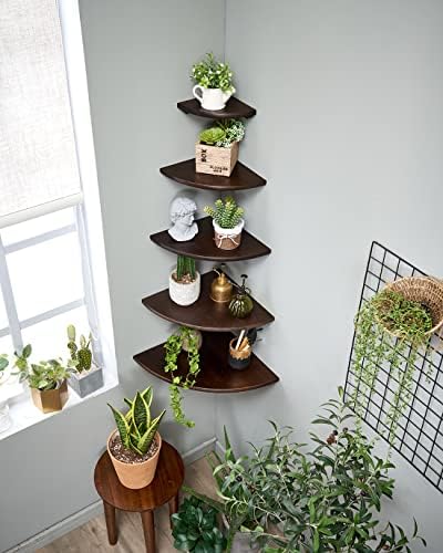Corner Shelf,12inch Walnut Solid Wood Floating Corner Shelves Wall Mount Round End Floating Speaker Rack with Wire Hole for Small Plant for Bedroom Kitchen - Image 2
