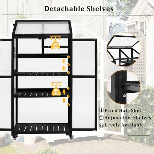 Small Greenhouse 62" H Cold Frame Portable Greenhouse with Lockable Wheels Openable Roof and Adjustable Shelves 3-Tier Wooden Greenhouse Cabinet for Indoor Outdoor Patio Balcony Garden, Black - Image 2