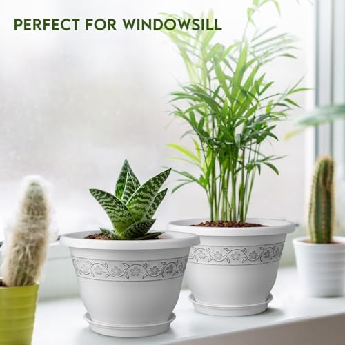 10 Inch Plant Pots with Drainage Hole - Lightweight Flower Pots for Herbs and Flowers - Home Decor Plastic Planters for Indoor Outdoor Plants- Pack of 4 (White, 10 inch) - Image 6