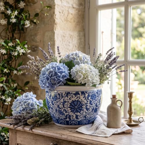 Domensi 12'' Blue and White Fishbowl Planter Chinoiserie Planter, Lotus - Image 5