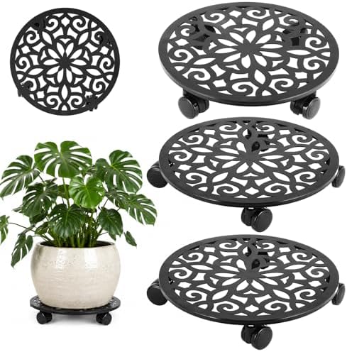 Plant Caddy with Wheels, 3 Pack 13.5” Rolling Plant Stand Plant Rollers Heavy Duty Plant Dolly with Casters Indoor & Outdoor Wrought Iron Metal Plant Tray with Lockable Wheels for Large Flower Pots by Unknown