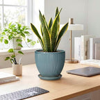 Ceramic Planter, 8 Inch Plant Pot Indoor with Saucer, Glaze Blue - Image 3