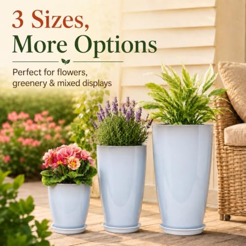 Neoaider Set of 3 Tall Planter, 24/21/12in Large Plastic Planter, WhiteJade - Image 4