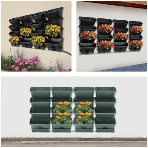 16 Pack Hanging Vertical Wall Planter, Vertical Garden Planter with 4 Drainage Tray, for Patio Outdoor Decor, Home Black Plastic Balcony Pot - Image 7