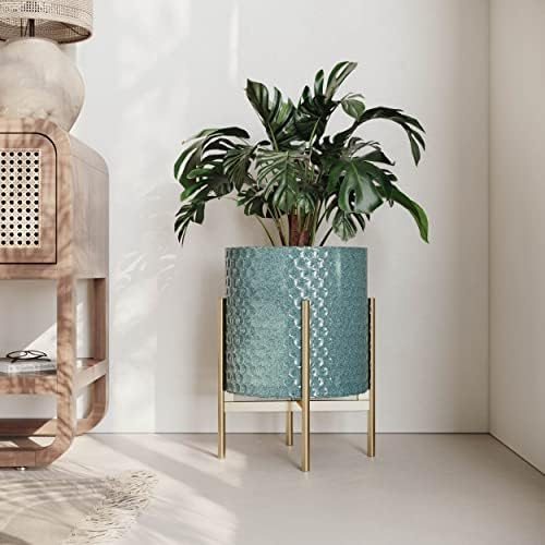 EverNest Mid-Century Modern Rhys Honeycomb Embossed Planter Pot with Loki Gold Stand, Metal Indoor Plant Pots, Blue Green Bohemian Style (Medium 2 Gallon) - Image 3