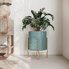 EverNest Mid-Century Modern Rhys Honeycomb Embossed Planter Pot with Loki Gold Stand, Metal Indoor Plant Pots, Blue Green Bohemian Style (Medium 2 Gallon) - Image 3