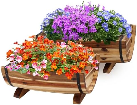 Solid Acacia Wood Half Barrel Planters Outdoor Set of 2 Different Sizes, Wooden Planters for Outdoor Plants with Metal Bands & Drainage Holes, Legs Included, Natural by Idzo