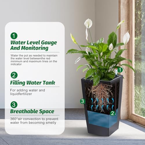 GarveeLife 16 in Tall Planters Set of 2, Outdoor＆Indoor Black Planter Pots, High Front Porch Planter Pots with Drainage Holes＆Water Level Monitor＆Inner Bucket, Automatic Watering,Black - Image 4