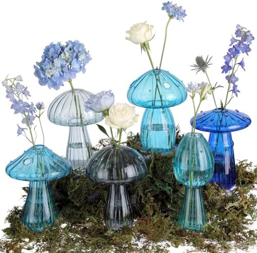 7 Pcs Glass Mushroom Vase Propagation Station with Hydroponic Plant and Artificial Fake Moss 6 Colored Plant Vase Table Centerpiece Decor for Forest Birthday Wedding Party Decoration (Blue) by Acellegic