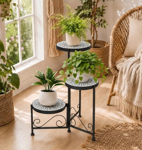 3 Tier Mosaic Corner Plant Stand Foldable Display Shelf Black - Image 6